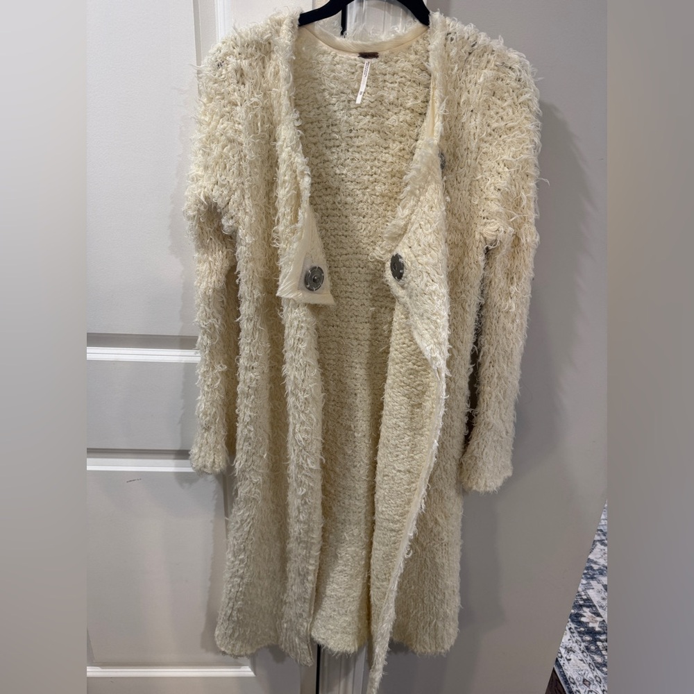 Free People Cream Textured Long Cardigan Duster sweater